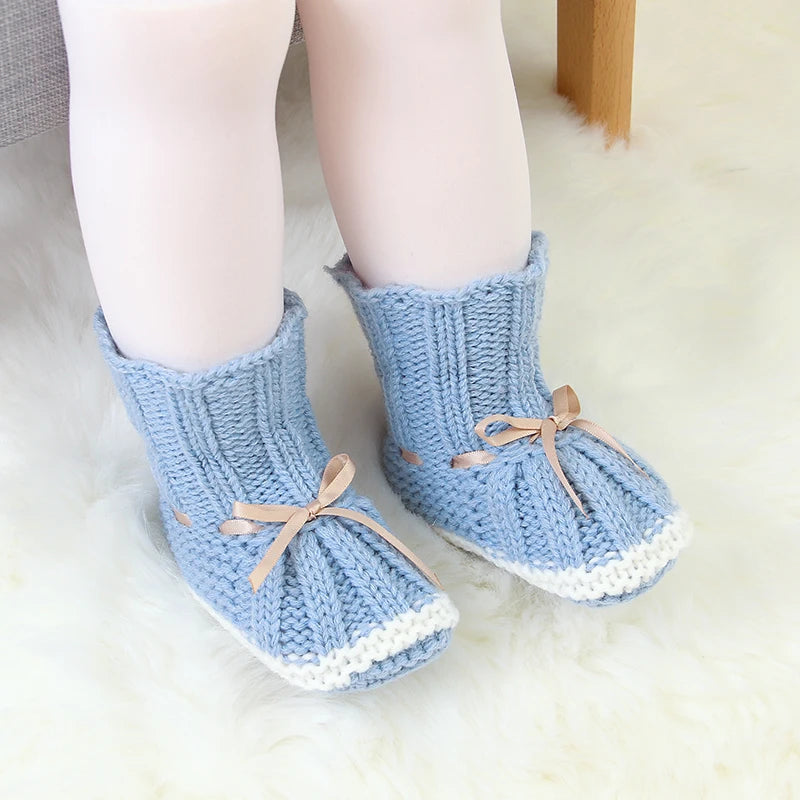 Baby Shoes Solid Knit Newborn Girls Boys Boot Fashion Butterfly-Knot Toddler Infant Slip-On Bed Shoes Autumn 0-24M Hot Hand Made