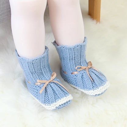 Baby Shoes Solid Knit Newborn Girls Boys Boot Fashion Butterfly-Knot Toddler Infant Slip-On Bed Shoes Autumn 0-24M Hot Hand Made