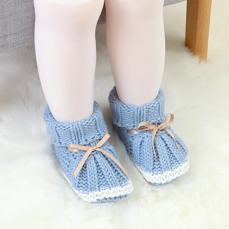 Baby Shoes Solid Knit Newborn Girls Boys Boot Fashion Butterfly-Knot Toddler Infant Slip-On Bed Shoes Autumn 0-24M Hot Hand Made